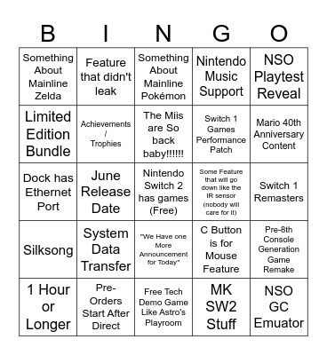 Nintendo Switch 2 April 2nd Direct Bingo Card