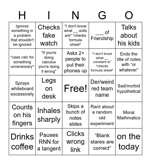 April 1st Hingo Bingo Card