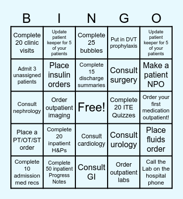 Intern Bingo (1st two inpatient blocks) Bingo Card
