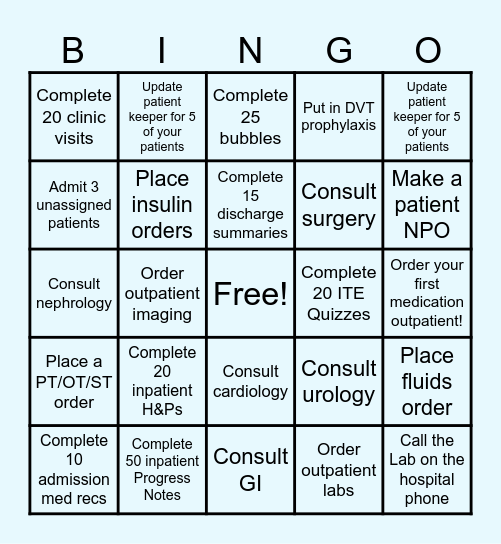 Intern Bingo (1st two inpatient blocks) Bingo Card