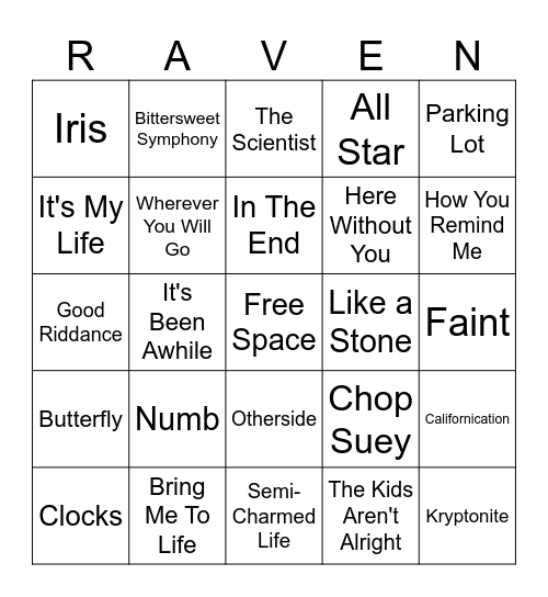 90's- 00's Rock Bingo Card