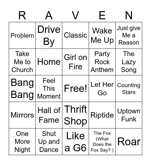 10's Party Songs Bingo Card