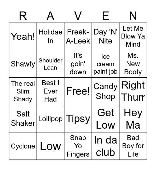 00's Hip Hop & Rap Bingo Card