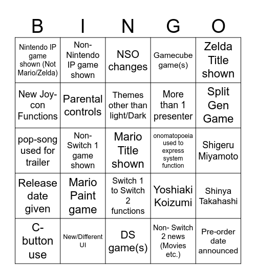 Switch 2 Direct Bingo Card