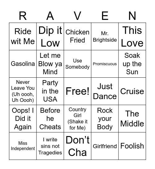 00’s HITS Bingo Card