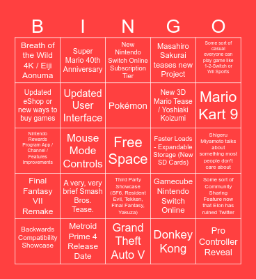 Nintendo Switch 2 Direct Bingo Card