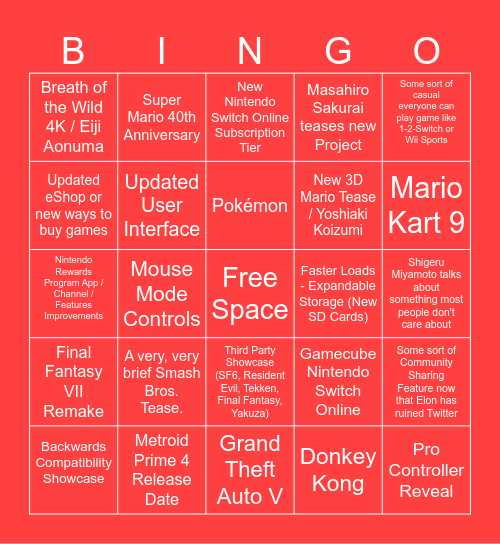 Nintendo Switch 2 Direct Bingo Card