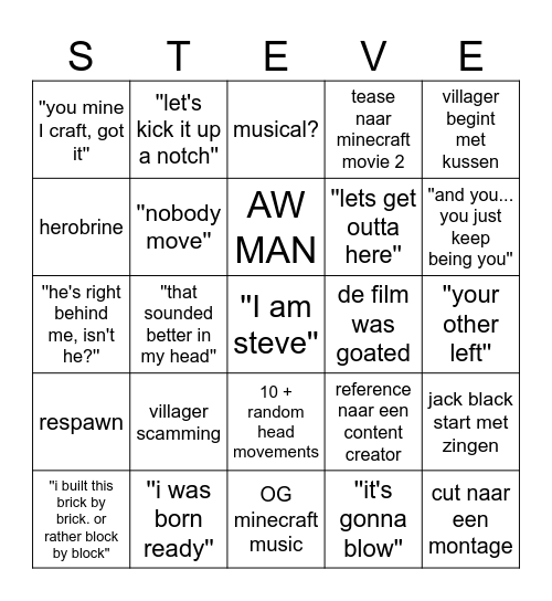 minecraft movie bingo Card