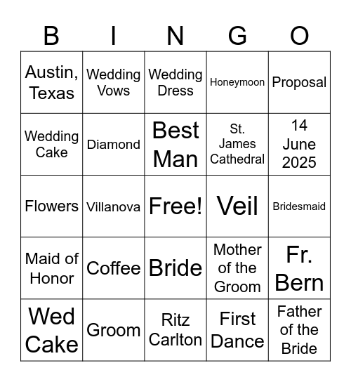B   R   I   D   A   L Bingo Card
