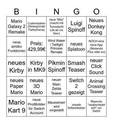 Nintendo Direct 2 Bingo Card