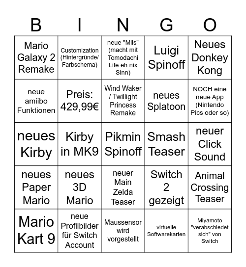 Nintendo Direct 2 Bingo Card