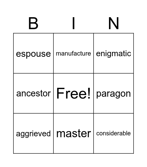 Vocabulary March 31 - April 6 Bingo Card