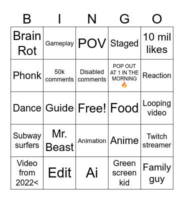Youtube shorts Bingo Card