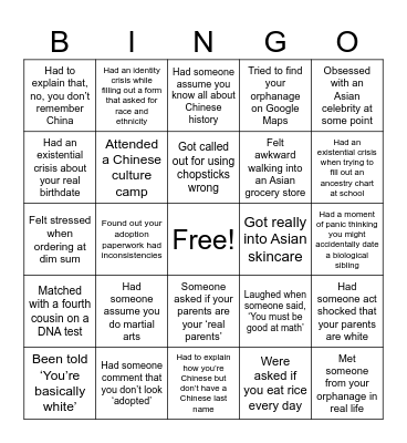Adoptee Bingo Card