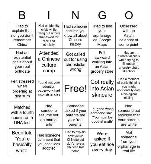 Adoptee Bingo Card