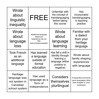 Language Biography Bingo Card