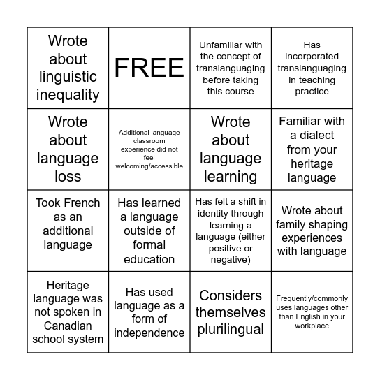 Language Biography Bingo Card