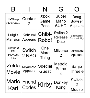 Nintendo Switch 2 Direct BINGO Card
