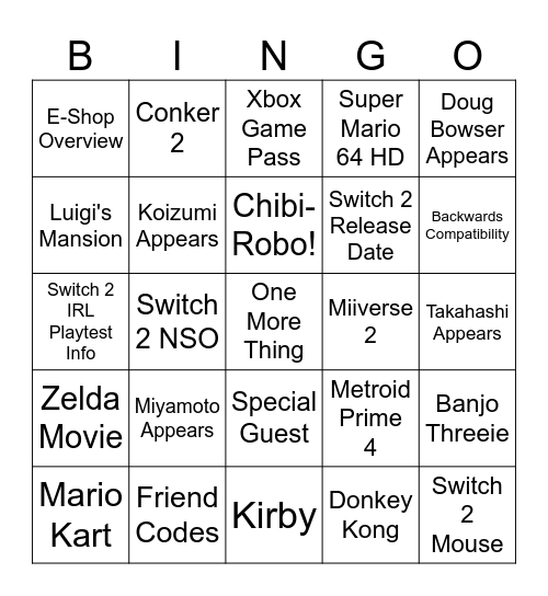 Nintendo Switch 2 Direct BINGO Card