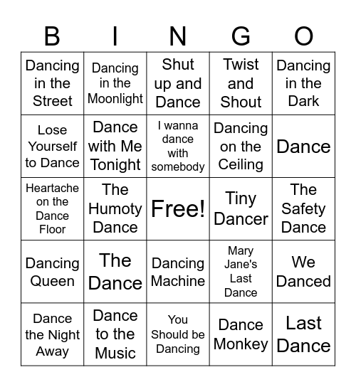 Dance Dance Bingo Card