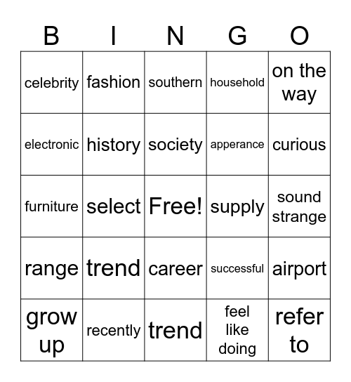 Shopping Malls vocabulary Bingo Card