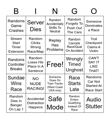 RandomMinds Racing Bingo Card