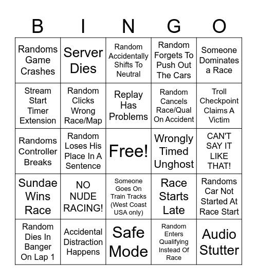 RandomMinds Racing Bingo Card