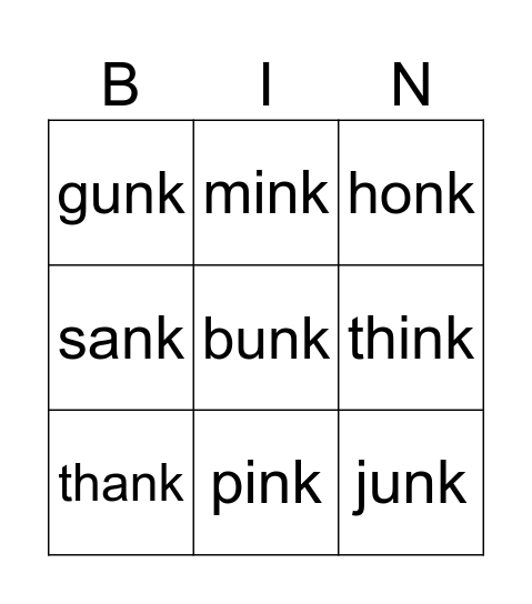 NK words Bingo Card
