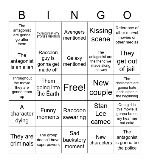 Guardians of the Galaxy Bingo Card