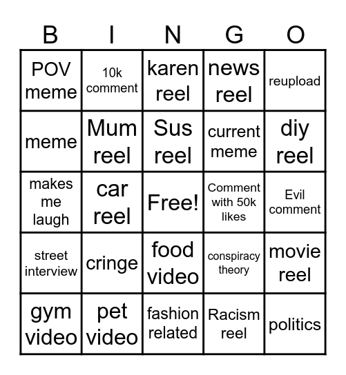Instagram reel bingo Card