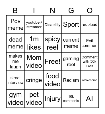 Instagram reel bingo Card