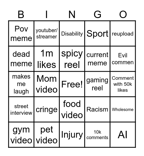 Instagram reel bingo Card