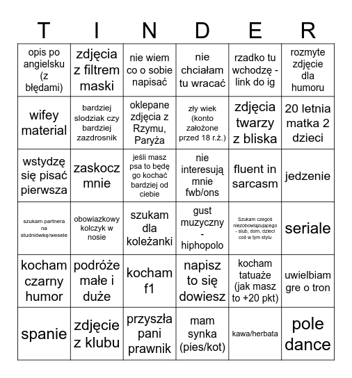 TINDER Bingo Card