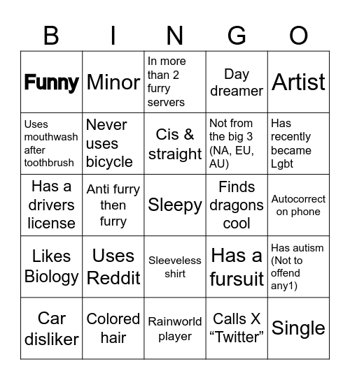 Bingo for furries Bingo Card