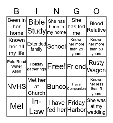 Connections to Judy Bingo Card