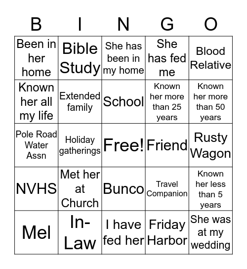 Connections to Judy Bingo Card