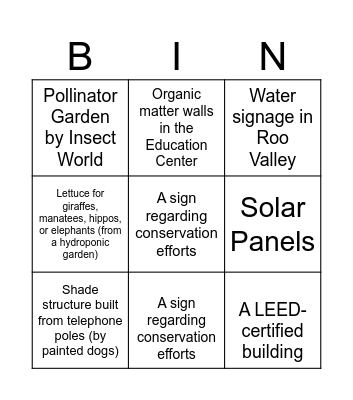 Cincinnati Zoo Sustainability Bingo Card