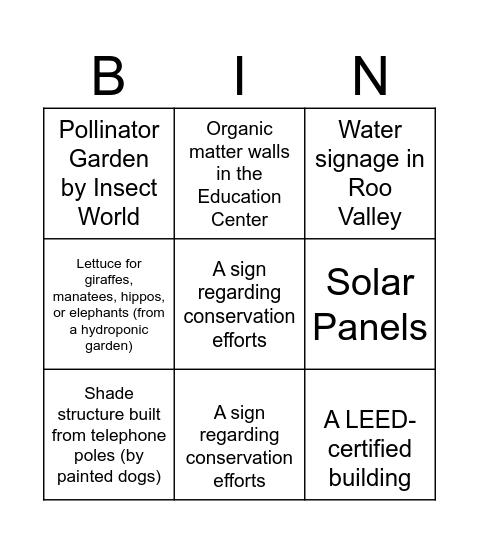 Cincinnati Zoo Sustainability Bingo Card