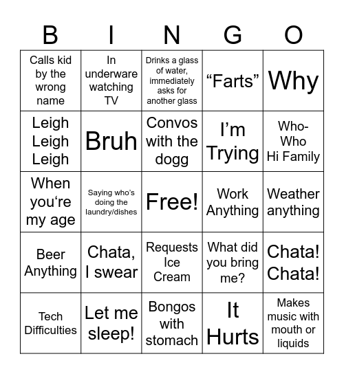 Post Surgery Dadisms Bingo Card