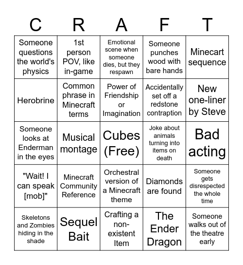 Minecraft Movie BIngo Card
