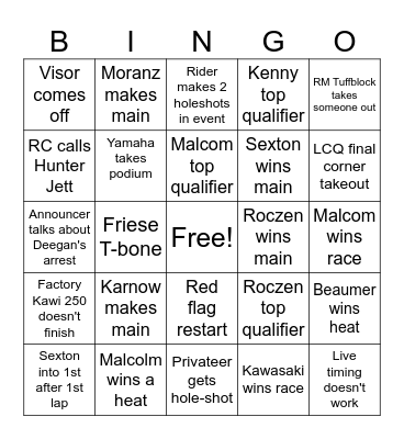 Supercross 2024 Bingo Card