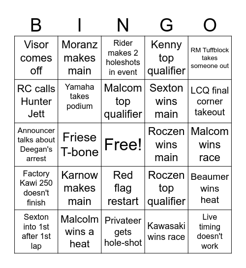 Supercross 2024 Bingo Card