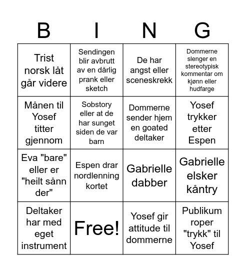 The Voice Norge Bingo Card
