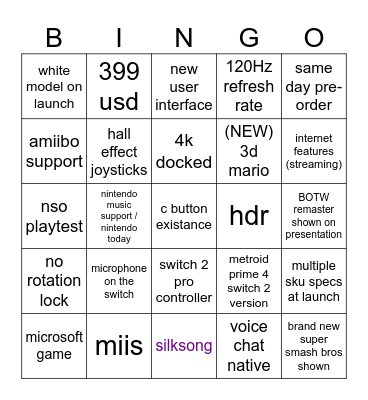 switch 2 bingo Card