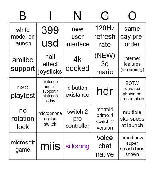 switch 2 bingo Card