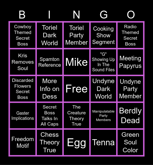 DELTARUNE Predictions Bingo Card