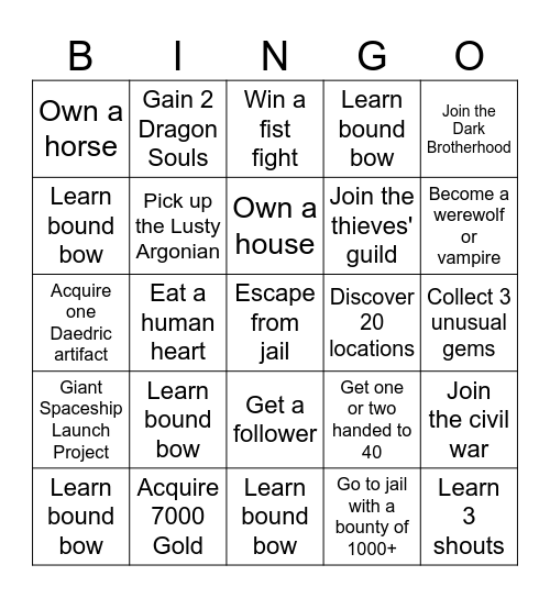 Skyrim Bingo Card