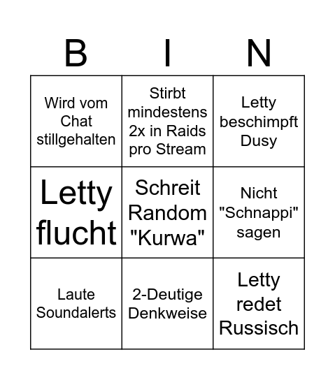 Letty Bingo Card