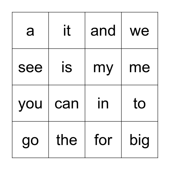 Sight Words Bingo Card