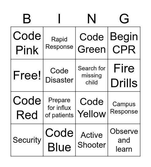 IHC Codes Bingo Card